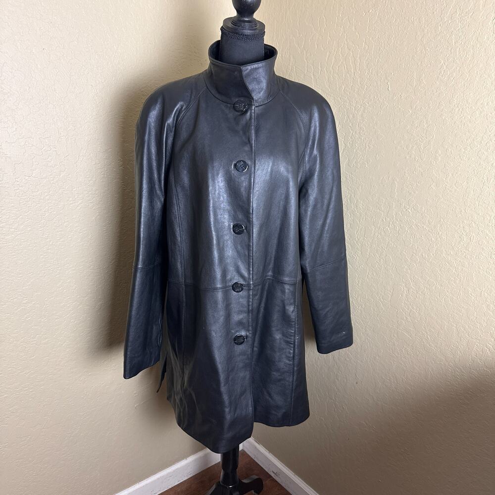 Worthington Women's XL Black Genuine Lambskin Leather Long Coat Button Front